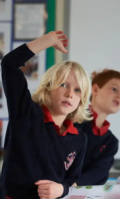 Boy with raised hand in classroom