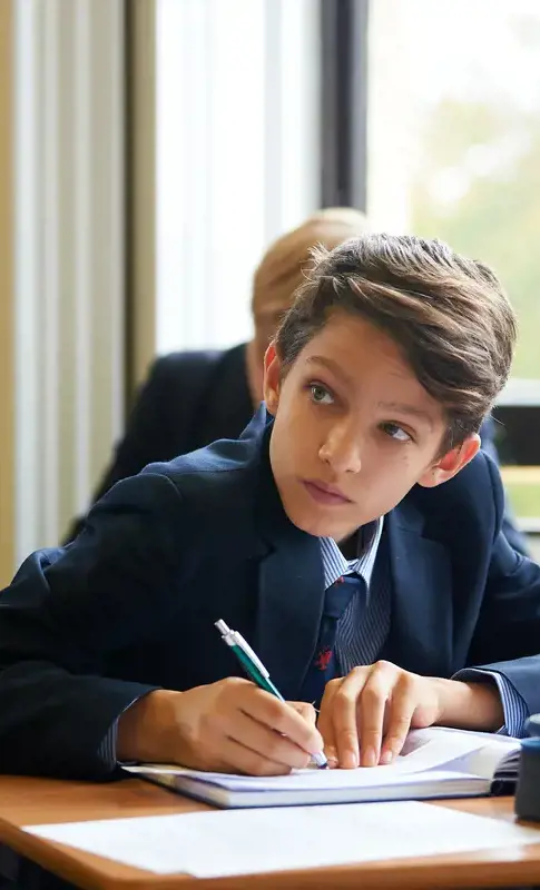 A senior school boy studying in class